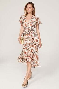 TANYA TAYLOR Floral Brown White Wrap Ruffle Sleeves Floral Blaire Dress Size 4
